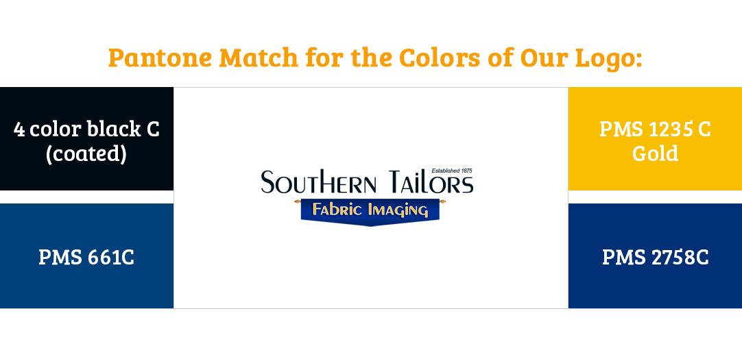 Picture of the equivalent pantone color values for the Southern Tailors Fabric Imaging logo